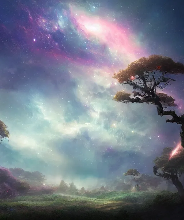 Image similar to a beautiful dreamlike terrain with large twisting trees and the nebula peeking through the sky, digital matte painting by yucong tang