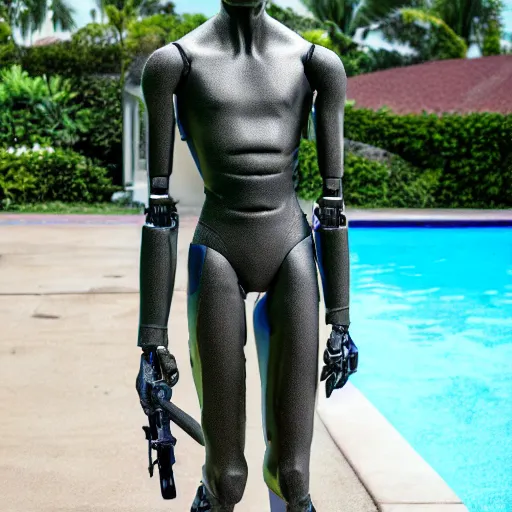 Image similar to a realistic detailed photo of a guy who is an attractive humanoid who is half robot and half humanoid, who is a male android, twitch stream ninja tyler blevins, shiny skin, posing like a statue, blank stare, by the pool, on display