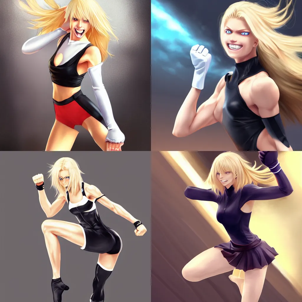 Prompt: An athletic tall blonde woman with a winning and radiant smile, long blonde hair, wearing a simple white leotard and leather fighting gloves. Roundhouse kick pose. Fighting shonen anime, digital painting by WLOP