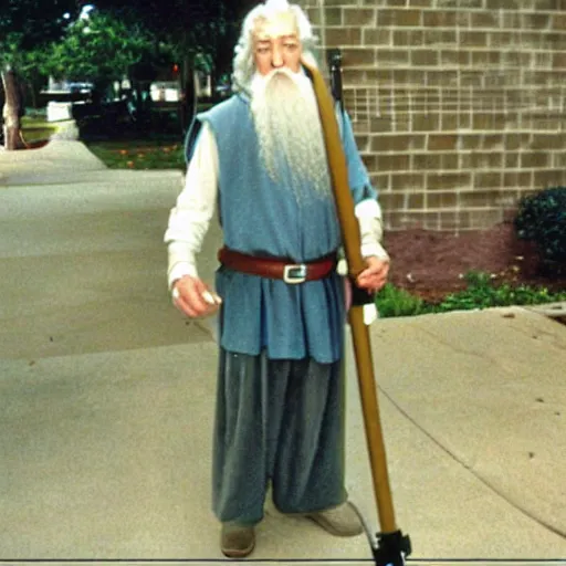 Image similar to Gandalf working as a school janitor circa 1985