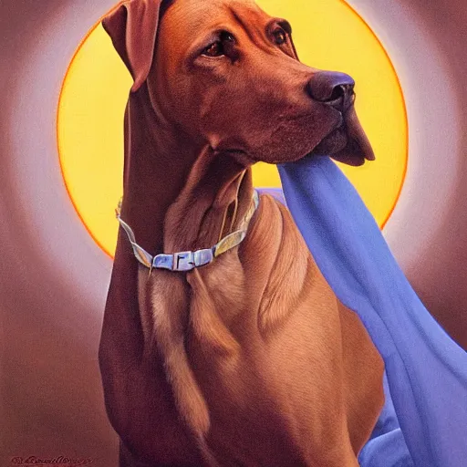 Image similar to the new age prophet Rhodesian ridgeback dog, illuminated from behind like a Catholic saint portrait, full moon night. Portrait by Paul Bonner, oil on canvas