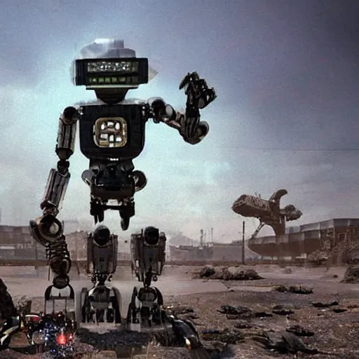 Prompt: robot death machines from the wasteland video game of it were made today instead of the 1980s