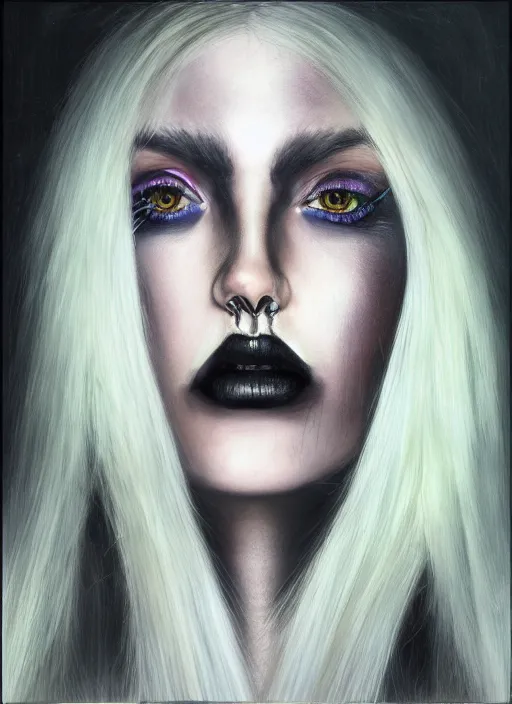 Image similar to hyper realistic, portrait, close - up, make up, dark witch, painting by tom bagshae, smooth, sharp focus