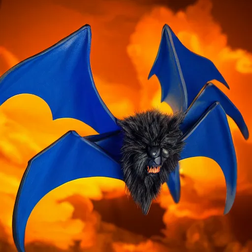 Image similar to detailed full body of scary giant mutant dark blue humanoid anthropomorphic bat, glowing red eyes flying above a stormy ocean, sharp teeth, acid leaking from mouth, realistic, giant, bat ears, bat nose, bat claws, bat wings, furred, covered in soft fur, detailed, 85mm f/1.4