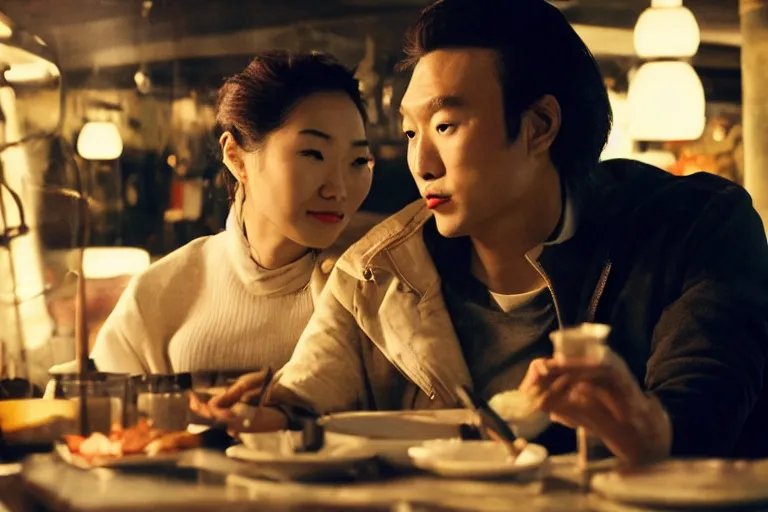 Image similar to VFX movie interior closeup beautiful Asian couple closeup sitting at 50s diner, night in the city, by Emmanuel Lubezki