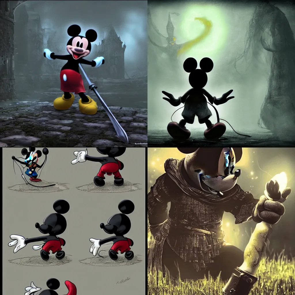 Prompt: Mickey mouse as a dark souls boss