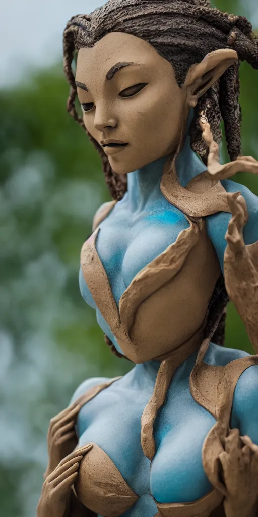 Prompt: Sculpture of Katara from Avatar bending water, water tribe garment, by michelangelo, photography, Sony A7III, 85mm f4