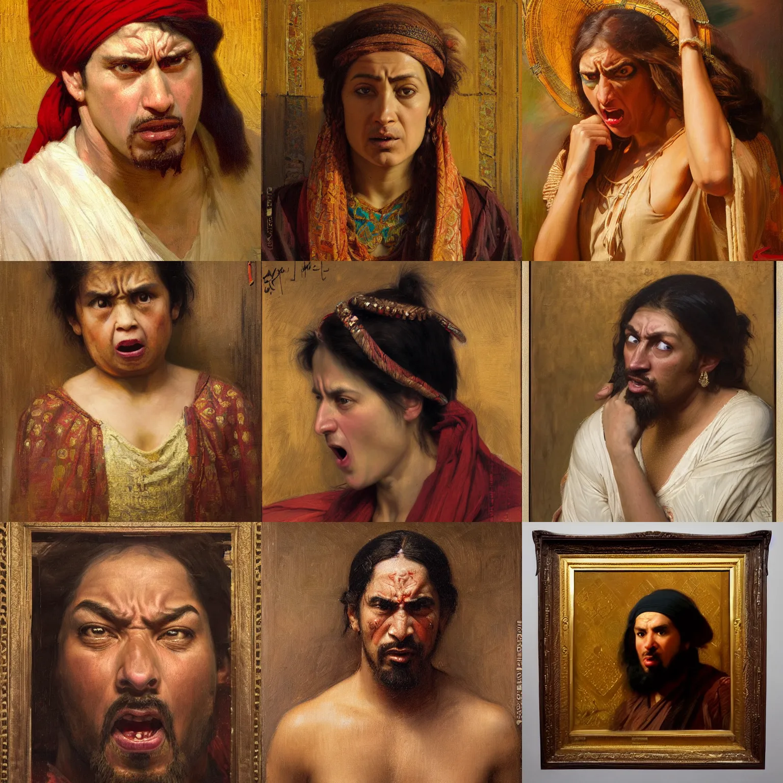 Prompt: orientalism frothing with rage seething angry face portrait by Edwin Longsden Long and Theodore Ralli and Nasreddine Dinet and Adam Styka, masterful intricate art. Oil on canvas, excellent lighting, high detail 8k