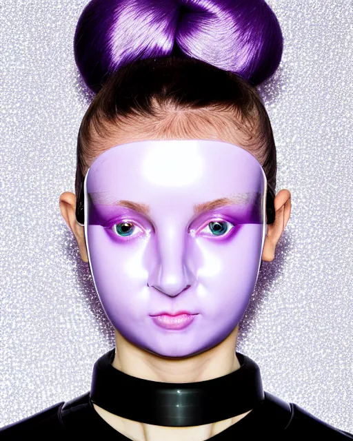 Prompt: symmetrical close - up portrait of a woman wearing a lilac metallic embroidered beauty mask and hair buns, wearing a black bodysuit by alexander mcqueen, cream white background, soft light, biotechnology, humanoide robot, bjork aesthetic, translucent, by rineke dijkstra, intricate details, highly detailed, masterpiece,