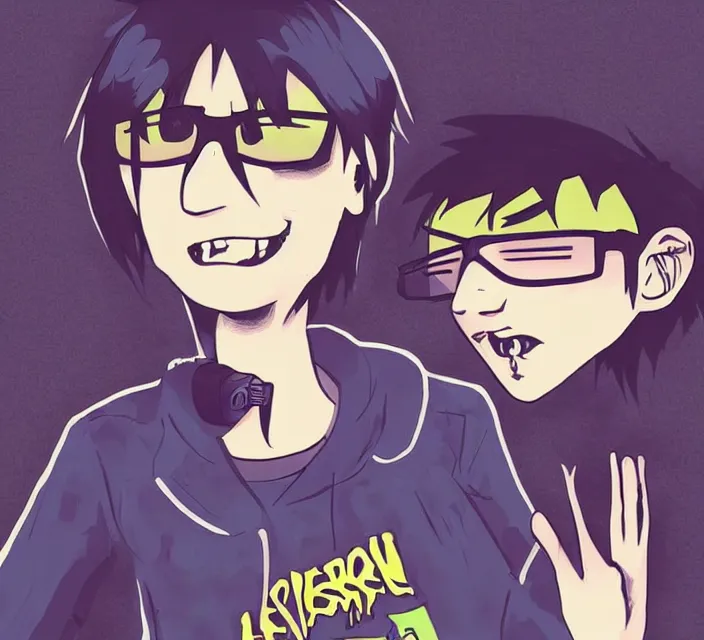 Image similar to a digital drawing of young neil cicierega in a kawaii emo / scene the gorillaz style, with text that says lemon demon trending on pixiv, trending on deviantart