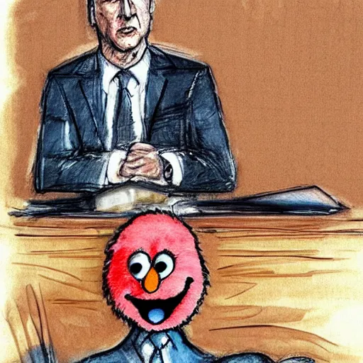 Image similar to elmo testifying in court with saul goodman, courtroom sketch