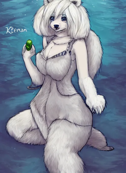 Prompt: award winning beautiful portrait commission art of a female male furry anthro polar bear fursona with a cute beautiful attractive detailed furry face wearing a summer dress at a mountain cabin. Kemono Character design by Dangan, Kishibe. detailed, inked, manga