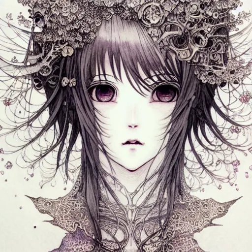 Prompt: prompt: Fragile looking vessel portrait soft light drawn by Vania Zouravliov and Takato Yamamoto, inspired by Evangeleon Anime, magical and alchemical weapons, soft light, white background, intricate detail, intricate ink painting detail, sharp high detail, manga and anime 2000