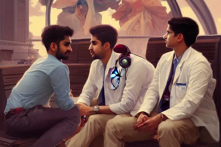 Image similar to Anxious good looking pale young Indian doctors wearing American clothes chatting at the airport, portrait, elegant, intricate, digital painting, artstation, concept art, smooth, sharp focus, illustration, art by artgerm and greg rutkowski and alphonse mucha