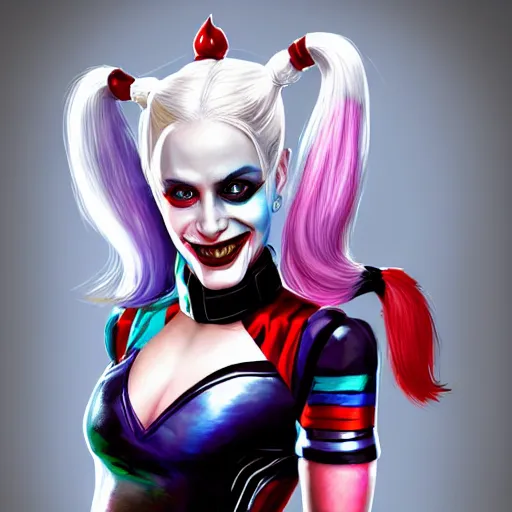 Image similar to Harley Quinn from the suicide squad, portrait, playful, fantasy, medieval, beautiful face, vivid colrs, elegant, concept art, sharp focus, digital art, Hyper-realistic, 4K, Unreal Engine, Highly Detailed, HD, Dramatic Lighting by Brom, trending on Artstation,