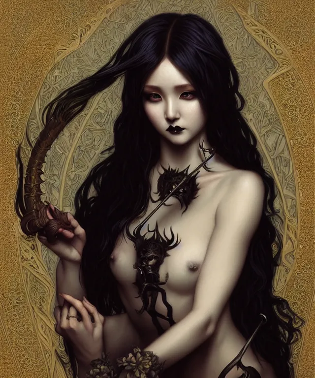 Prompt: hwasa as a gothic female fantasy satyr, portrait, fantasy, intricate, elegant, highly detailed, digital painting, artstation, concept art, smooth, sharp focus, illustration, art by artgerm and greg rutkowski and alphonse mucha