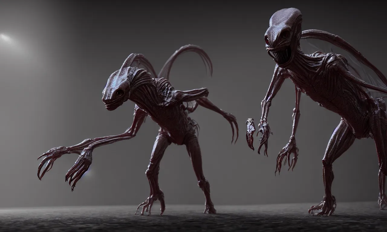 Prompt: capture of translucent wax alien creature in dramatic motion blured motion, in dark corridor, subsurface scattering, dramatic lighting, high detail, from new scifi by digital domain and weta digital, strong ambient occlusion