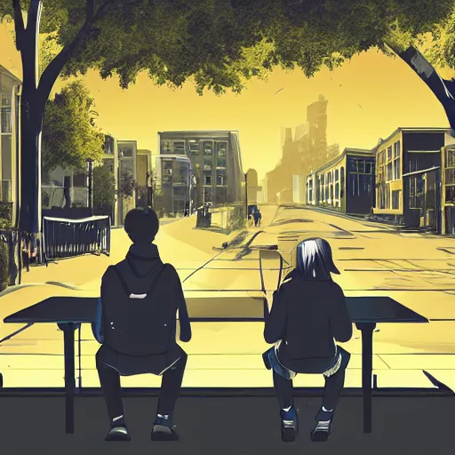 Prompt: people sitting in rows of school desks in the middle of a city street, first person view from back row, dreamy atmosphere, high quality digital art