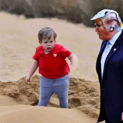 Prompt: trump is a fat kid that won't let other kids play in his sandbox, gettyimages,