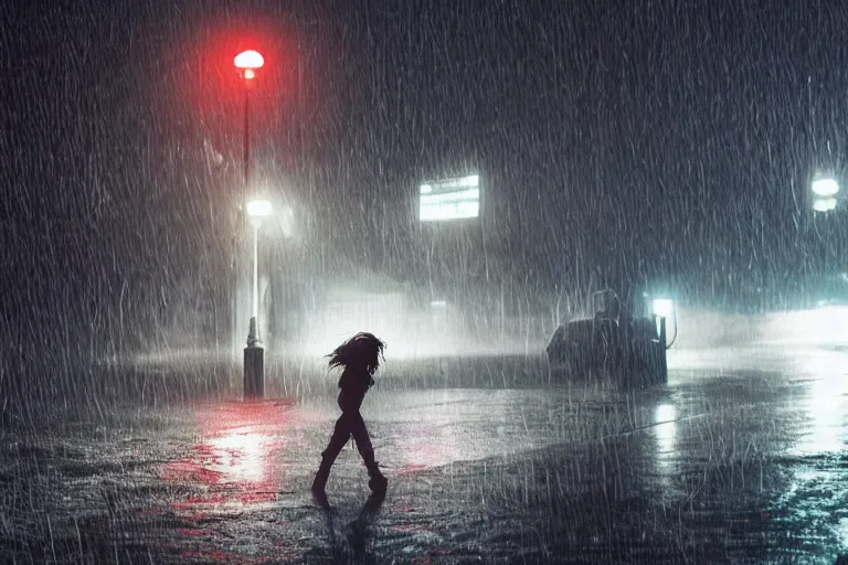 Image similar to vfx marvel sci-fi woman black super hero robot photo real, city street night lighting, rain and fog by Emmanuel Lubezki