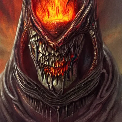 Image similar to giger elden ring doom demon portrait with humanoid face, fire and flame, Pixar style.