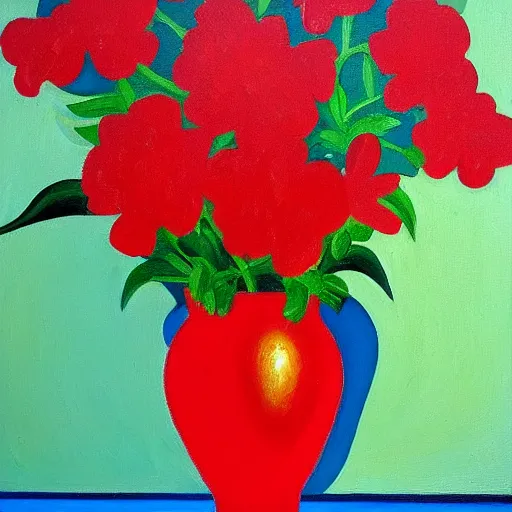 Prompt: a painting of red flowers in a red vase, a gouache by tom wesselmann, pixabay contest winner, naive art, acrylic art, oil on canvas, fauvism