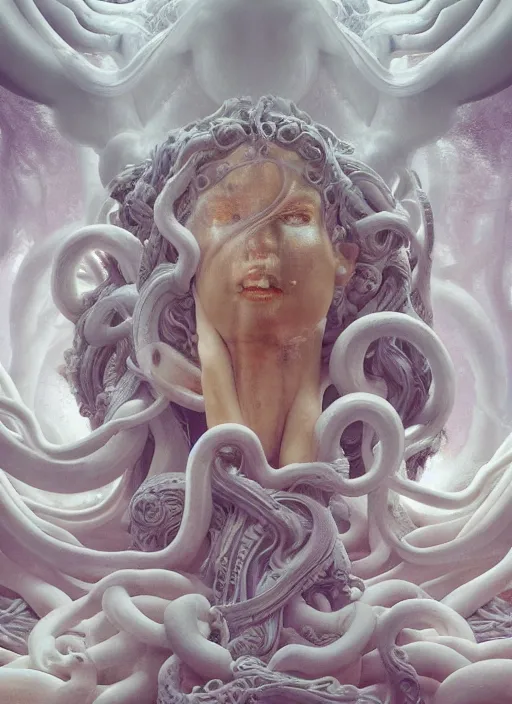 Image similar to medusa made of soft white wax, wooden art nouveau swirls, strong subsurface scattering, cables, tubes, subsurface scattering, in the style of ruan jia and beeple and giger, subsurface scattering, mystical colors, back light, rim light, dramatic lighting, 8 k, stunning scene, raytracing, octane render, trending on artstation