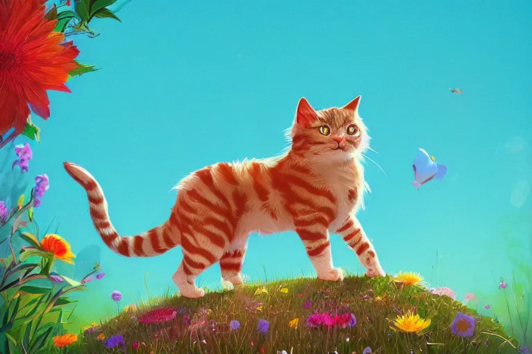 Image similar to a digital art of a cat standing on the top of the hill with flowers around in the afternoon, sunshine, cute, illustration, animal, light effect, highly detailed, by anton fadeev