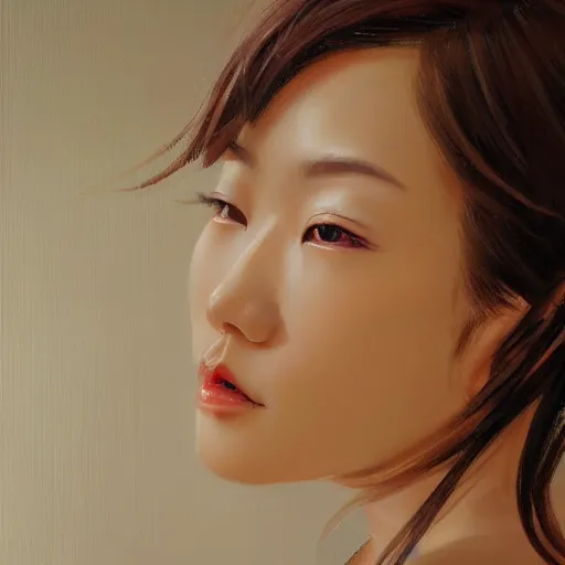 Image similar to perfect, realistic oil painting of close-up japanese girl face, in Marvel style, by an American professional senior artist, Hollywood concept, dynamic composition and motion, postproduction.