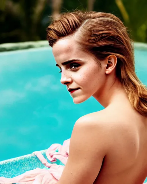 Image similar to Emma Watson for Victorian Secret, perfect face, hot summertime hippie, psychedelic swimsuit, in a sun lounger, pool, cloudy day, full length shot, shooting angle from below, XF IQ4, 150MP, 50mm, f/1.4, ISO 200, 1/250s, natural light, Adobe Photoshop, Adobe Lightroom, DxO Photolab, Corel PaintShop Pro, rule of thirds, symmetrical balance, depth layering, polarizing filter, Sense of Depth