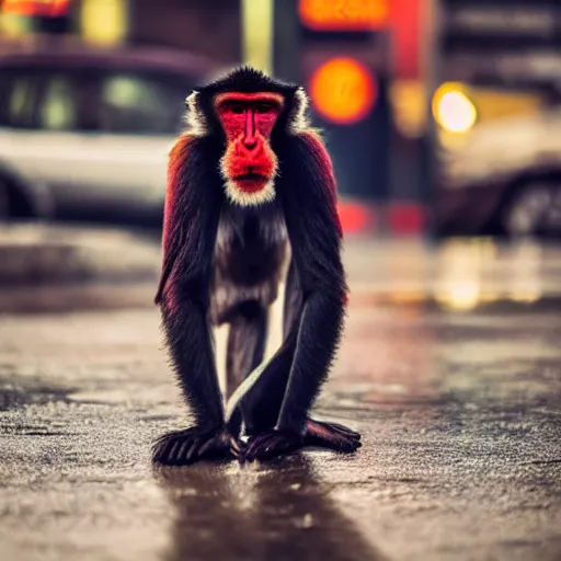 Image similar to a high quality low wide angle photo of a Mandrill monkey on the streets of a cyberpunk city, rainy, reflective ground, neon lights, realism, 8k