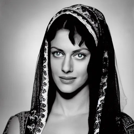 Image similar to young Monica Belluci as an Arab woman, tanned skintone, bright blue eyes, white transparent veil, glare face, light blue dress portrait