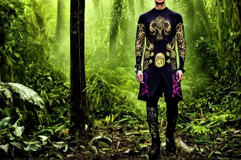 Image similar to versace avant garde male tunics intricate modern choatic textiles streetwear cyberpunk posing in the jungle woods cloudy overcast dark dramatic mysterious