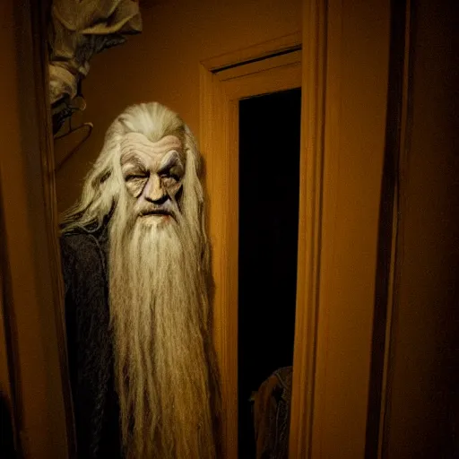 Image similar to grainy photo of gandalf as a creepy monster in a closet, harsh flash