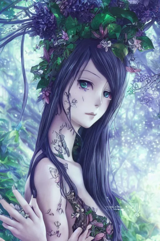 Image similar to anime key visual of a beautiful young forest nymph, sacred tattoos covering body, intricate, magical forest, stunning, highly detailed, digital painting, artstation, smooth, hard focus, illustration, final fantasy, art by sekiq, art by sakimichan, art by deviant art