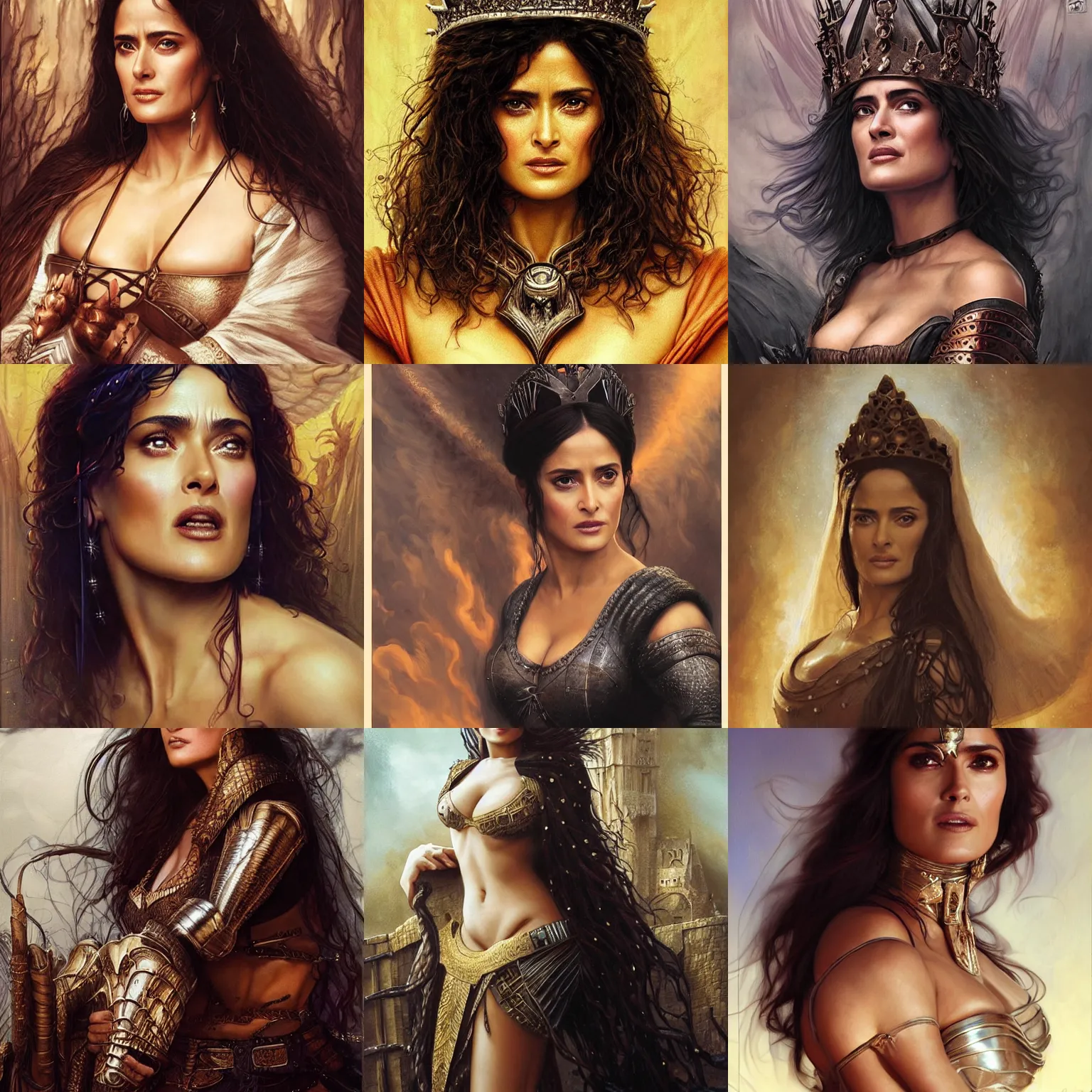 Prompt: Salma Hayek as a beautiful Medieval Queen by Gerald Brom +Mark Arian +Stanley Artgerm Lau +WLOP , extremely detailed , hyper realistic ,smooth, sharp focus