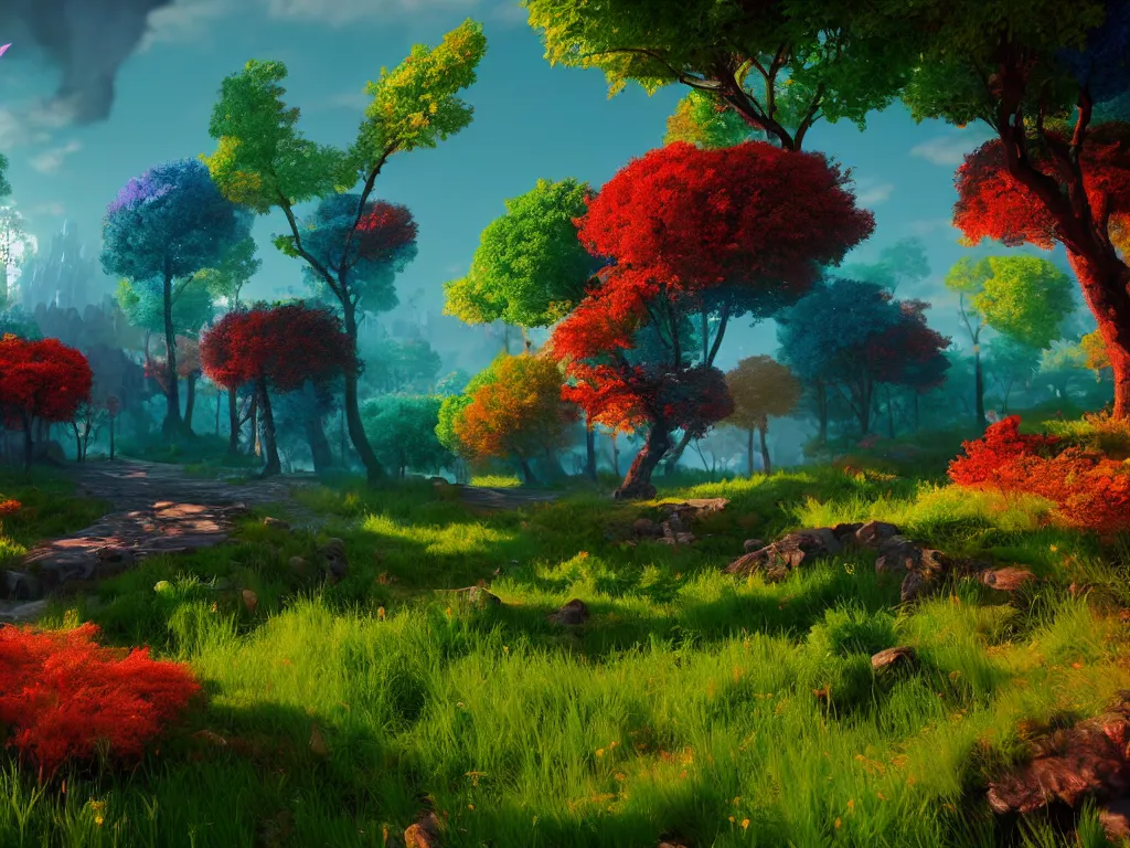 Image similar to beautiful colorful fantasy landscape, rtx, unreal engine 5, cryengine, render