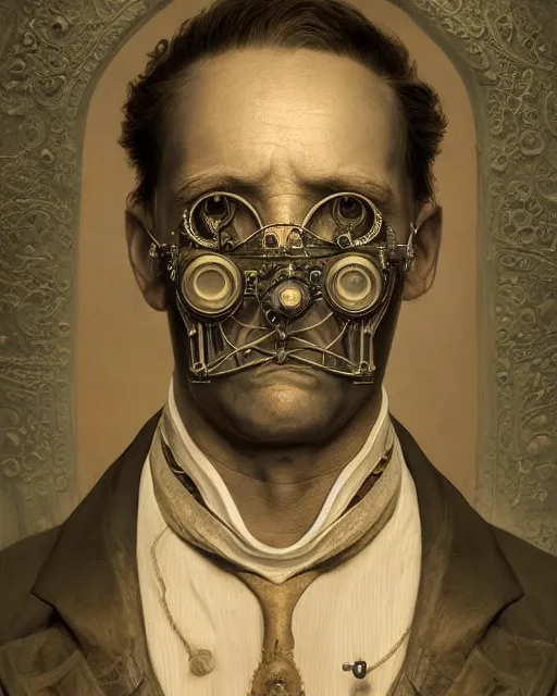 Image similar to mysterious portrait of victorian man scientist, steampunk, highly detailed, intricate details, cinematic lighting, 8k resolution, unreal engine 5, octane render, symmetry, hyperrealistic, photorealistic, by giger and beksinski