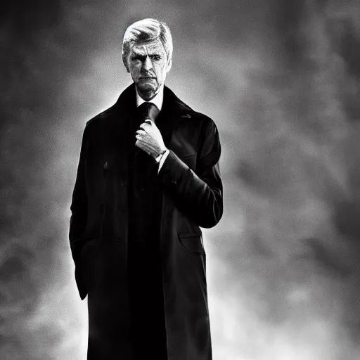 Prompt: ! dream arsene wenger as a 1 9 4 0 s gangster, noir, fog, serious, extreme detail, realistic, rain, atmospheric, long coat, movie still, studio light, dramatic 4 k