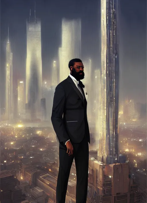 Image similar to portrait of handsome black genius in tailored suit, urban skyline, low haircut with full beard, supreme mathematics, elegant atmosphere, glowing lights, highly detailed, digital painting, artstation, concept art, smooth, sharp focus, illustration, art by wlop, mars ravelo and greg rutkowski