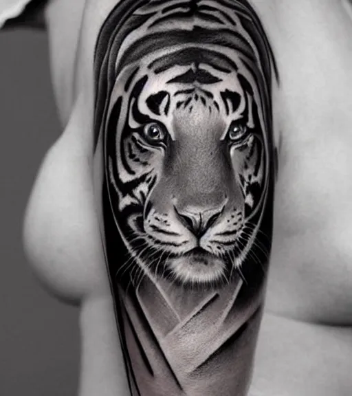 Prompt: tattoo design on white background of a beautiful girl warrior below a tiger head, hyper realistic, realism tattoo, by eliot kohek, beautiful eyes, realistic face, black and white