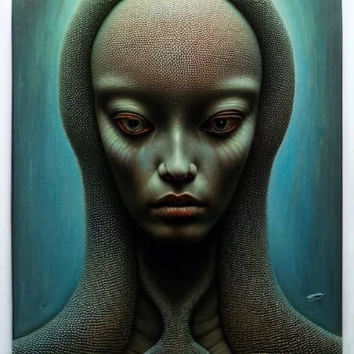 Image similar to ultra realist soft painting of a single attractive alien female, black scales, very intricate details, artstyle Zdzisław Beksiński, award winning