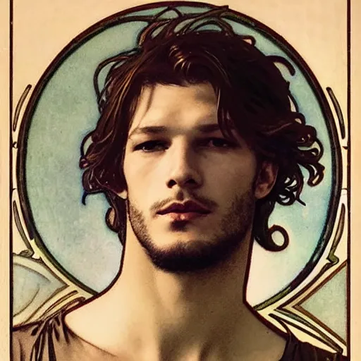 Image similar to gaspard ulliel portrait by louis - theophile hingre and alphonse mucha, realistic, sharp focus, zodiac signs, tarot cards, planets, ethereal, art nouveau, magic, moon, sun, crown, dreamy, royal, jewellery