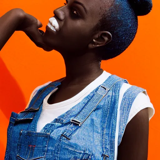 Prompt: color block of 9 0 s nerdy sexy heroic dark skinned black woman, with very short platinum blonde hair, portrait shot, new york city, summer weather, smart and sexy, wearing overalls, behance hd