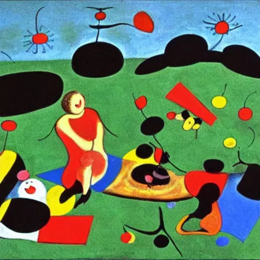 Prompt: a picnic in the park by joan miro