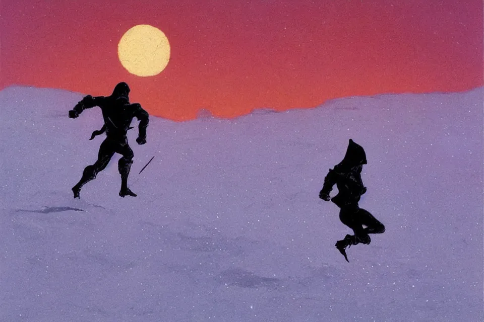 Prompt: atmospheric nightscene of a ninja running through a snow field by moebius and john harris, dynamic pose