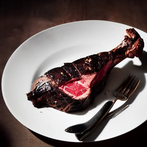 Prompt: photo of a expensive tomahawk steak, beautifully lit, food photography, 35mm, f/1.3, award winning, in the style of dennis prescott