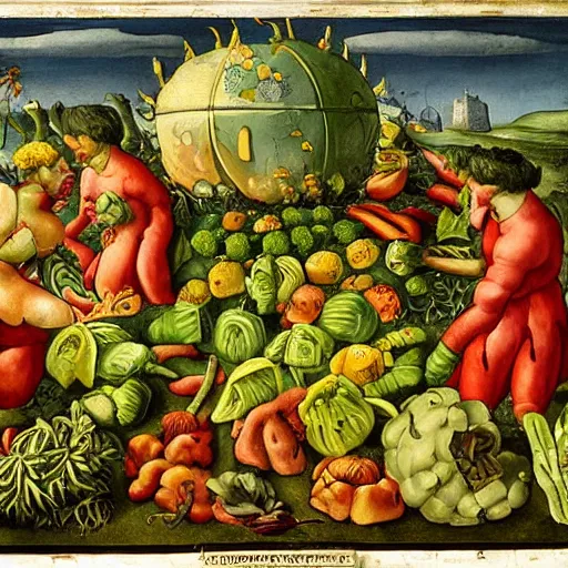 Prompt: a world with sentient vegetables in a war against humans, Renaissance style