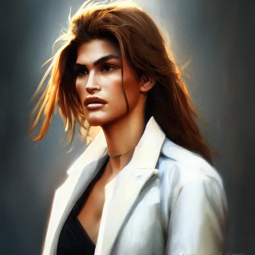 Image similar to a closeup portrait of a young cindy crawford, dramatic light, city background, sunset, high contrast, sharp, painted by stanley lau, painted by greg rutkowski, painted by stanley artgerm, digital art, trending on artstation