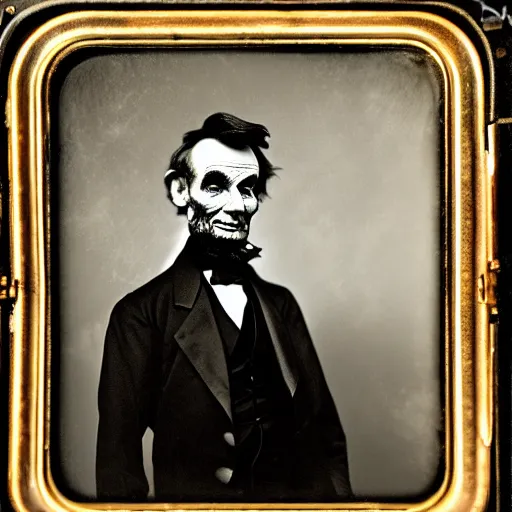 Prompt: Abraham Lincoln surprised in theater balcony, paparazzi photograph, bright flash, wet plate, slightly blurry, action movement